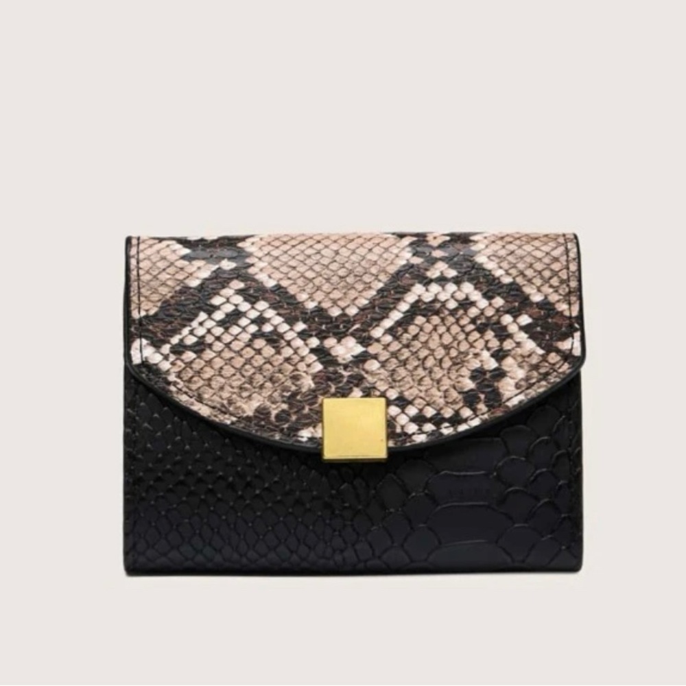 Metal Detail Snakeskin Fold Over Wallet